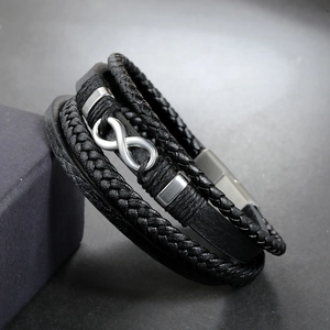Men's multilayer black braided leather infinity bracelet with silver magnetic metal clasp