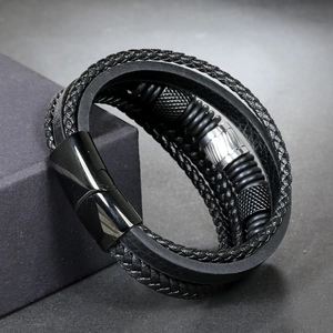 Multi-layer men's black leather braided bracelet with metal rings and magnetic buckle