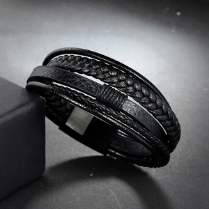 Vintage braided black leather bracelet with matte stainless steel magnetic clasp for men