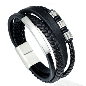 Men's multilayer braided black leather bracelet with stainless steel metal accents