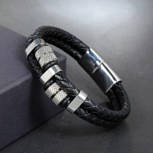Black multilayer braided leather men's bracelet with silver stainless steel magnetic clasp