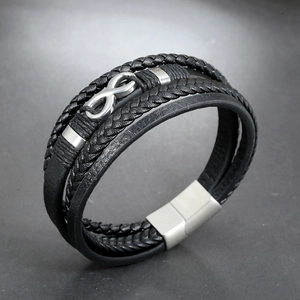 Men's multi-layer black braided leather infinity bracelet with silver magnetic clasp