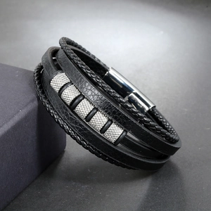 Multi-layer black braided leather bracelet for men with silver textured beads and magnetic clasp