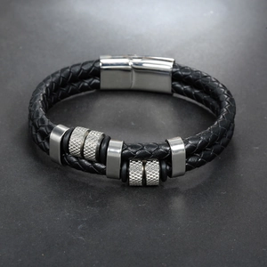 Men's double-layered braided black leather bracelet with magnetic stainless steel clasp