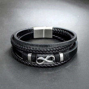 Men's multilayer black braided leather bracelet with infinity symbol and magnetic clasp