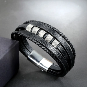 Multilayer black leather men's bracelet with silver textured steel beads and magnetic clasp