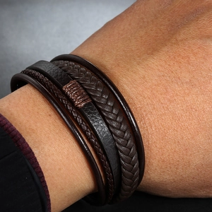 Handmade multilayer dark brown leather bracelet with vintage stainless steel magnetic clasp