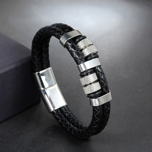 Men's multi-layer black braided leather bracelet with silver metal magnetic clasp and beads