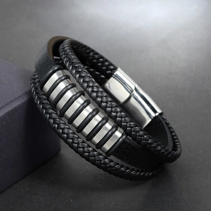 Men's multilayer black leather braided bracelet with silver metal beads and magnetic clasp