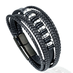 Bracelet Homme en Cuir Tressé Perles Géométriques en Acier Inoxydable Bracelet Multicouche avec Fermoir Magnétique Bijoux