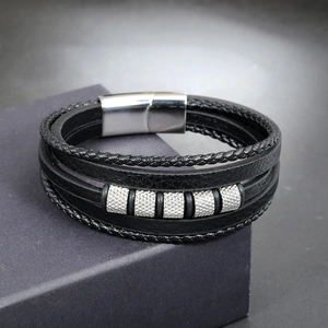 Men's multilayer black braided leather bracelet with vintage silver magnetic clasp