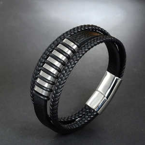 Multi-layer black braided leather bracelet for men with silver stainless steel beads