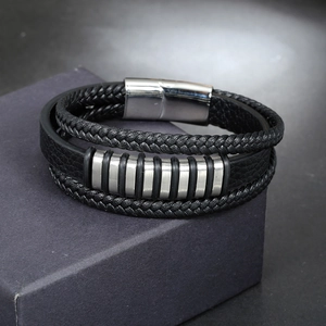 Men's multilayer black braided leather bracelet with silver stainless steel rings and magnetic clasp