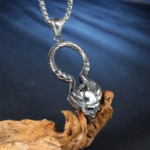 Collier pendentif crâne punk rétro en acier inoxydable argenté avec chaîne de boîte