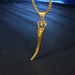 Detail of a golden chili pendant necklace with crown top and box chain on dark background