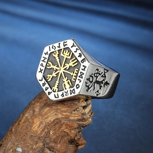 Vintage Wikinger Vegvisir Kompass Ring mit nordischen Runen und Yggdrasil Baum