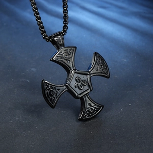 Viking Celtic cross pendant necklace in black titanium steel with intricate scroll patterns