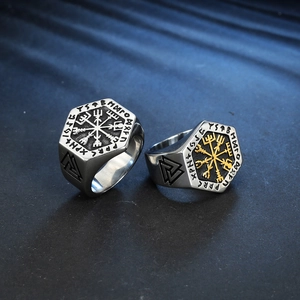 Vintage Wikinger Vegvisir Kompass Ringe für Herren aus Edelstahl mit Runensymbolen