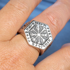 Viking Vegvisir Kompassring für Herren aus Edelstahl mit Runengravur im Retro-Stil