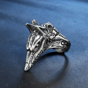 Punk Anubis stainless steel ring with vintage wolf head and Egyptian Ankh symbols