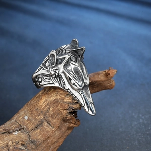 Vintage Anubis Egyptian wolf head ring in antique silver stainless steel for men