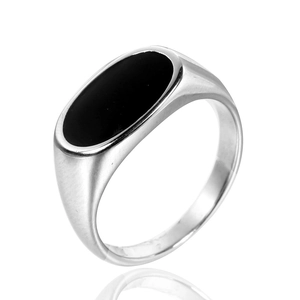 Polished stainless steel ring for men and women featuring an oval black agate inlay