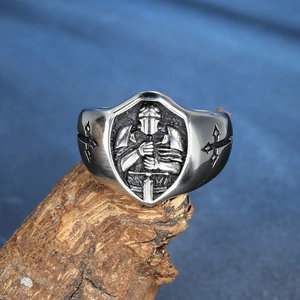 Vintage stainless steel signet ring for men with medieval knight and cross design