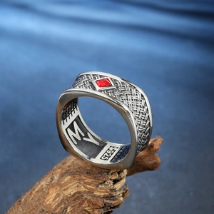 Men's retro square red gemstone ring with woven texture in vintage stainless steel finish
