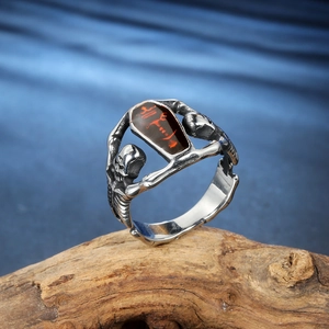 Gothic vampire coffin ring with skeletons in vintage silver finish for men