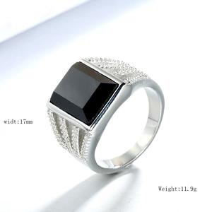 Men's vintage black gemstone ring in silver finish showing 17mm width and 11.9g weight