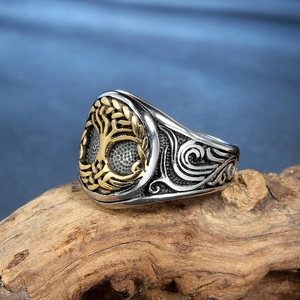 Bague Arbre de Vie rétro en acier inoxydable bicolore avec finitions or et argent