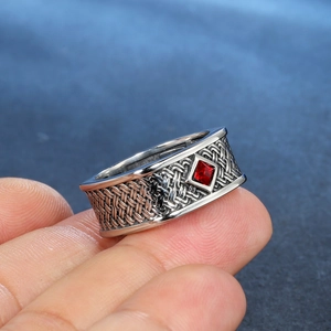Vintage stainless steel ring for men featuring red square gemstone and woven pattern