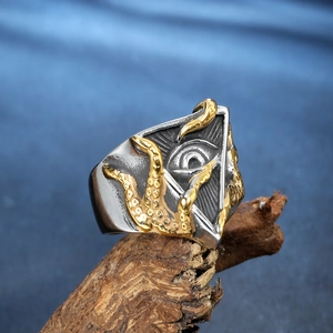 Men's gothic Eye of Horus ring with silver octopus tentacles and gold relief
