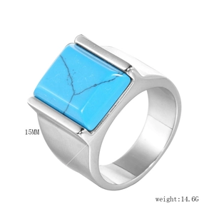 Detail of square turquoise stone on men's steel ring with 15mm width and 14.6g weight
