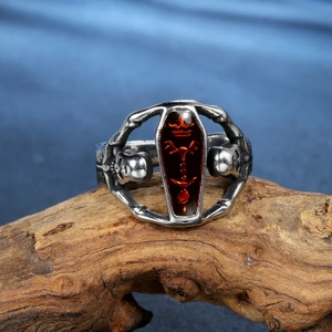 Gothic vampire bat skull ring with red coffin resin centerpiece and silver metal arms