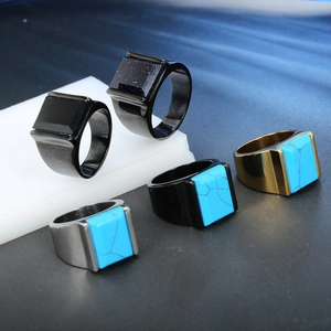 Men's square signet rings in gold, silver, and black with turquoise and onyx stones