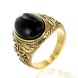 Vintage Titanium Steel Ring For Men Women Zirconia Inlaid Gold Tone Oval Black Stone Carved Band Ring Jewelry Gift