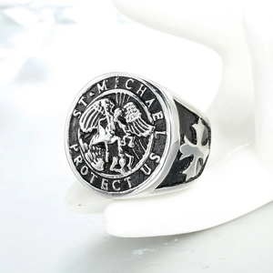 Vintage St. Michael stainless steel signet ring with religious engraving and side cross
