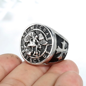 Vintage St. Michael Protect Us signet ring in silver titanium steel with cross details