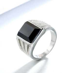 Vintage Men 316L Stainless Steel Ring Inlaid Rectangular Black Agate Geometric Polished Band Fashion Jewelry Gift