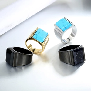 Men's square signet rings in gold and silver steel with turquoise and black stones