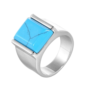 Men's square turquoise ring in 304 stainless steel with a silver-tone signet style