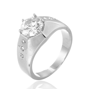 Polished stainless steel ring with a large zircon center stone in a six-prong setting