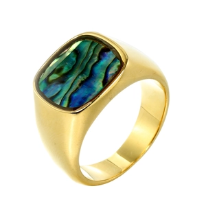 Retro Men Stainless Steel Gold Signet Ring With Inlaid Iridescent Abalone Shell Geometric Fashion Punk Jewelry Ring For Men