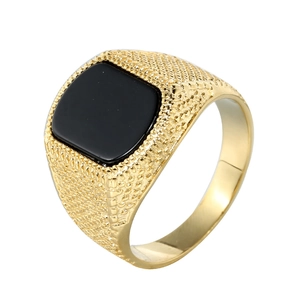 Gold-plated stainless steel signet ring for men featuring a black square stone inlay