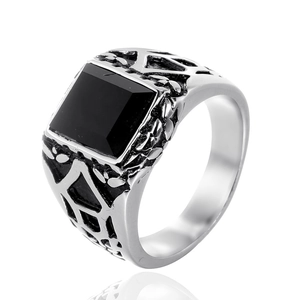 Punk Men Stainless Steel Ring With Black Rhinestone Retro Gothic Hollow Geometric Band Ring For Men Women Jewelry Gift