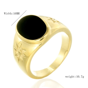 Vintage gold-plated signet ring for men with oval black stone and engraved sunburst pattern