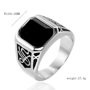 Men's vintage titanium steel ring with rectangular black gemstone and 18mm wide band