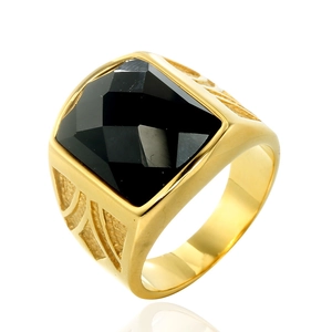 Bague Chevalière Vintage pour Homme en Acier Inoxydable Avec Grand Strass Noir Rectangulaire Anneau Géométrique Or Poli