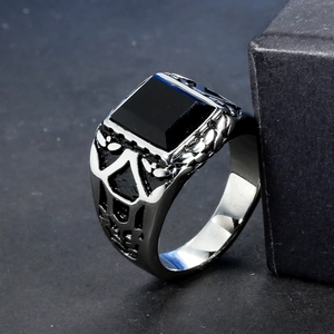 Men's punk stainless steel ring with square black onyx stone and geometric cutouts